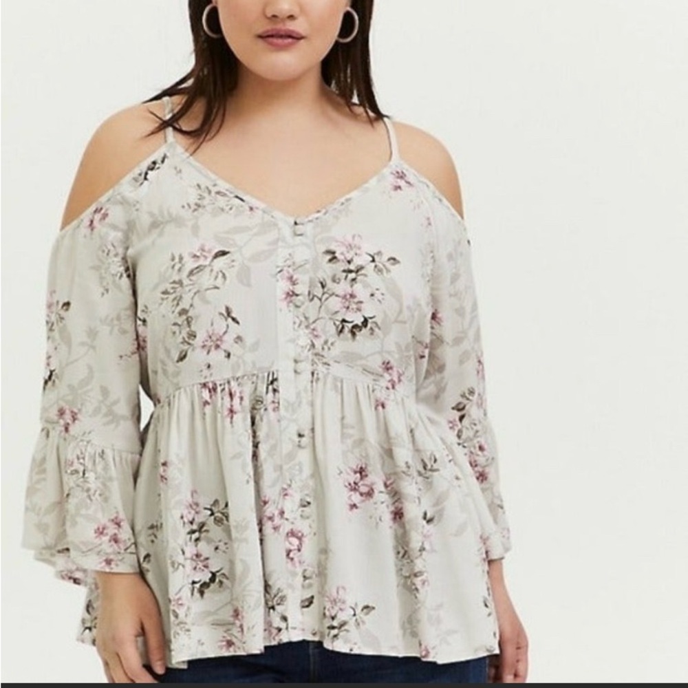 Torrid Floral Cold Shoulder Blouse - Cream and Pink